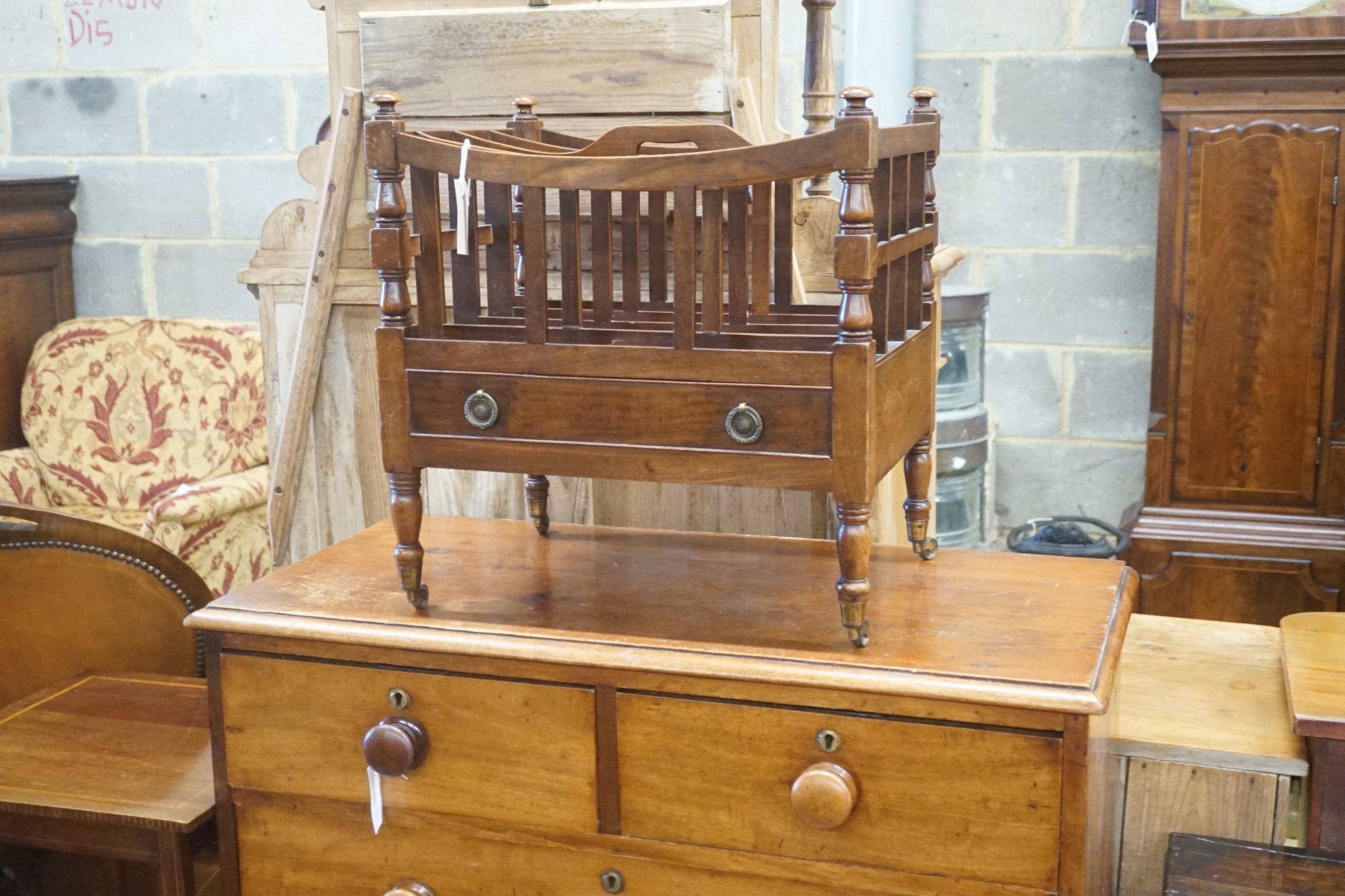 A Regency style mahogany four division Canterbury with single drawer, width 50cm depth 36cm height 53cm